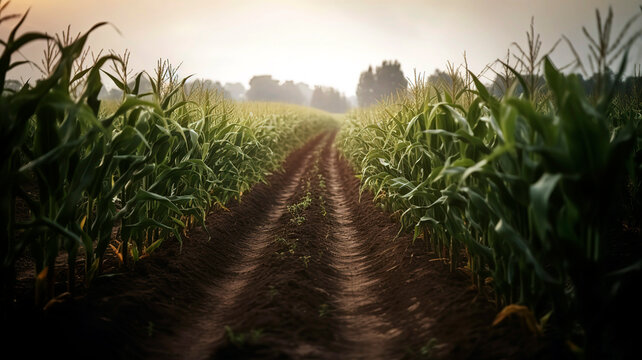 Organic maize farm or corn field seeding and plantign agriculture, sweet corn garden farmland , field in countryside plantation.