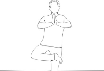 Fototapeta premium A man focuses on doing yoga outdoors. Park activities one-line drawing
