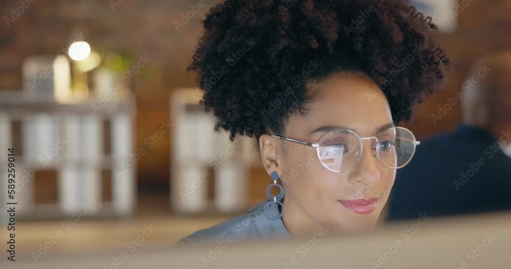 Poster happy woman, glasses and reflection on computer of online research, planning solution or strategy at