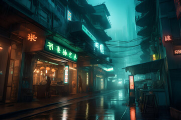 Cyberpunk City, futuristic Asian architecture at night, Generative AI