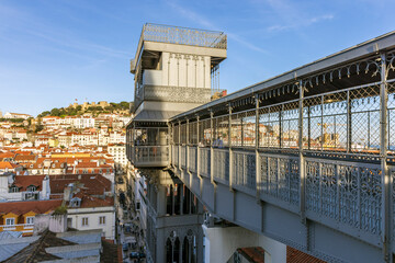 The Santa Justa lift built by Raoul Mesnard in 1902 in the historical city of Lisbon, Portugal - obrazy, fototapety, plakaty