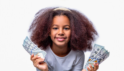 Children girl afro dollars 100. Smiling multiracial teenage kid girl holding hundreds of dollar...
