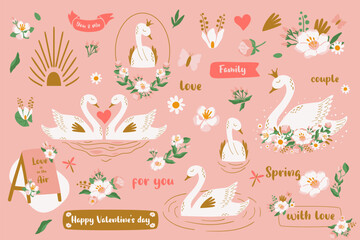 Floral pink swan set with pair of birds in love, phrases, princess, crown, flowers, frames, heart isolated elements. Cute cartoon goose bird for wedding, Valentines day. Vector illustration collection - 589259245