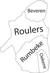 White flat vector administrative map of ROULERS, BELGIUM with name tags and black border lines of its municipalities