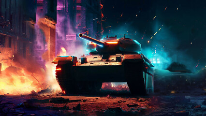 Modern battle tank against the backdrop of neon urban destruction. Generative AI