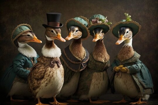 ducks animals dressed in victorian era clothing illustration generative ai