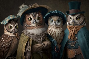 owls animals dressed in victorian era clothing illustration generative ai - obrazy, fototapety, plakaty