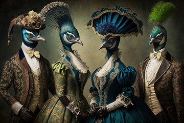 Peacock animals dressed in victorian era clothing illustration generative ai