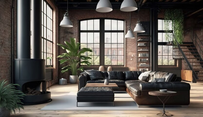 Living room loft in industrial style, generative ai
