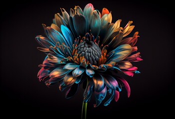 a colorful flower with a black background is shown in this image. Generative AI
