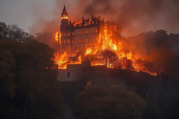 Fototapeta premium Castle on fire. Big conflagration or arson burning disaster with flames. Danger and destruction due to property blaze. Ai generated