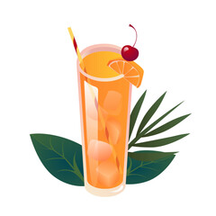 Vector Illustration of Cocktail Bahama Mama with ice and garnish, orange slice and cherry