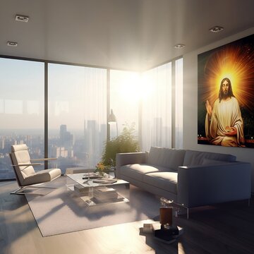 modern living room,with large picture of jesus on the wall, in the style of vray tracing, naturalistic cityscapes,