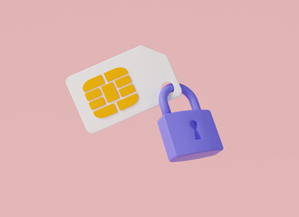 SIM card lock with padlock icon on pink background. Protection of personal information concept. Mobile phone SIM card, communication technology, sim card security. 3d minimal rendering illustration - obrazy, fototapety, plakaty