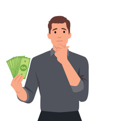 Man holding money and hand on chin thinking what to invest with his money.