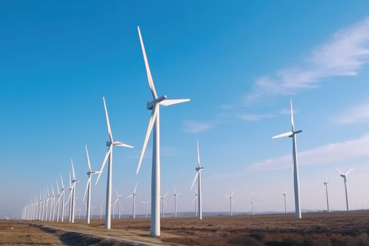Row of wind turbines in the field. Green energy, green electricity. Generative AI