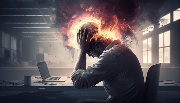 Business Mann mit Burnout vor seinem Computer Bildschirm mit brennendem Kopf, Stress und Überlastung, Generative AI 