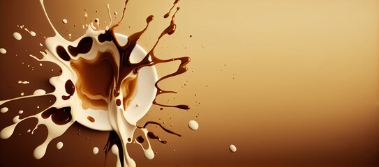 Dynamic splash of coffee or chocolate with milk, baner. Generative AI