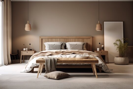 Interior of stylish room with big bed and mirror | Light, cute and cozy home bedroom interior with unmade bed | Loft and modern bedroom / 3D render image , Generative AI