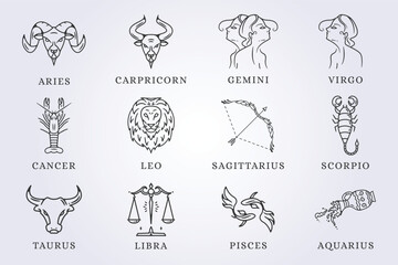 set of zodiac astrology horoscope sign line art vector illustrtaion design - obrazy, fototapety, plakaty