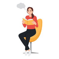 Reading Woman at home on chair. Girl sitting on armchair with interesting book