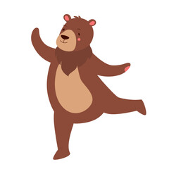 Naklejka na ściany i meble Cute bear dancing. Happy teddy bear jumping, lovely forest animal vector illustration