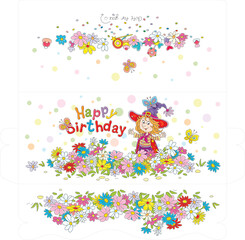 Fototapeta na wymiar Happy birthday card and a gift money envelope with a cute little fairy and merry butterflies flying around a pretty colorful flowerbed in a summer garden, vector cartoon illustration