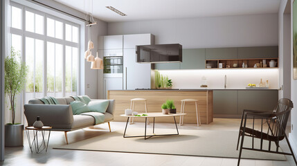 Fototapeta na wymiar Living room interior and kitchen. Modern design furniture, comfortable sofa and table. AI generative