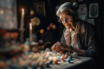 Vintage Easter Unrecognizable old woman making easter eggs in her house.generative ai.