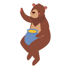 Bear holding jar with honey. Teddy bear eating honey, honey lover vector illustration
