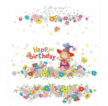 Happy birthday card and a gift money envelope with a cute little fairy and merry butterflies flying around a pretty colorful flowerbed in a summer garden, vector cartoon illustration