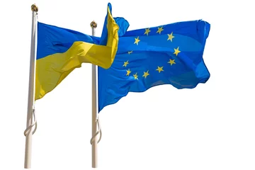 Tuinposter Flagpoles with European Union and Ukraine flags isolated on white background © Pavlo Vakhrushev