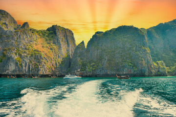 Phi Phi island sunset landscape panorama in Thailand with sea lagoon and sunset mountains