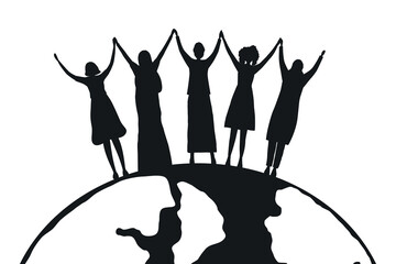 Black silhouettes of women. International Women's Day concept. Women holding hands, stand on the globe background. Women's community. Female solidarity. Silhouettes of different women. Vector