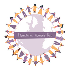 Women are holding hands, stand around the world map.  International Women's Day concept. Women's community. Female solidarity. Multicultural group of women. Vector illustration