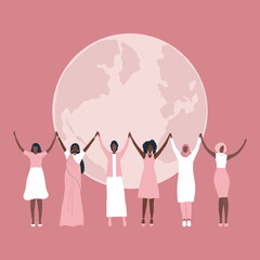 Women are holding hands, stand on the globe background. International Women's Day concept. Women's community. Female solidarity. Diverse group of women. Vector illustration in pink colors