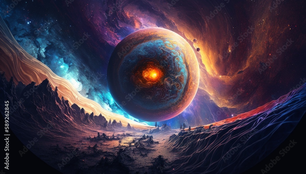 Poster generative ai illustration of a planet in space with stars and nebula