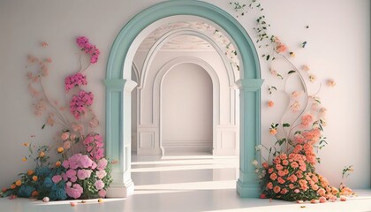 Generative AI of an empty room with arch and flowers on the wall - obrazy, fototapety, plakaty