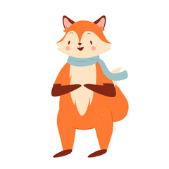 Cute smiling fox with scarf. Forest fox animal in standing pose vector illustration