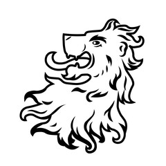 Heraldic lion head. Symbol, sign, line, icon, silhouette, tattoo. Isolated vector illustration.