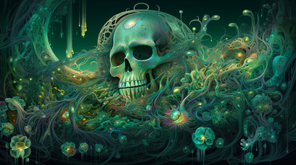 Magical pattern. Green skull in flowers. Digital painting. Concept art algae, underwater world. Generative AI. 