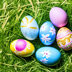 Fototapeta na wymiar eggs Happy Easter on a spring day with a green grass meadow, bright sunlight, 