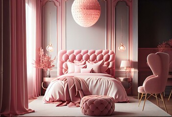 Luxury Modern Pink Dream Bedroom Interior with Styled Furniture Made with Generative AI