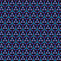 Abstract geometric pattern of vibrant blue and pink, magenta mosaic floral shapes on a black background