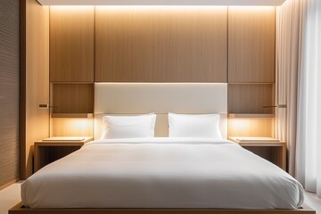 Modern bedroom interior. | Stylish interior of bedroom | bedroom interior mockup, wooden rattan bed on empty wall background, Scandinavian style, 3d render , Generative AI