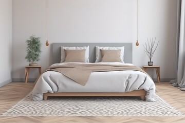Fototapeta na wymiar Interior of stylish room with big bed and mirror | Light, cute and cozy home bedroom interior with unmade bed | Loft and modern bedroom / 3D render image , Generative AI