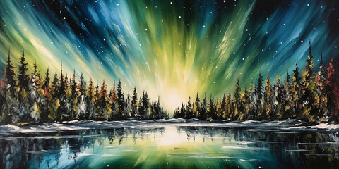 Magical Northern Lights dancing over snowy tundra in long exposure Generative Ai Digital Illustration