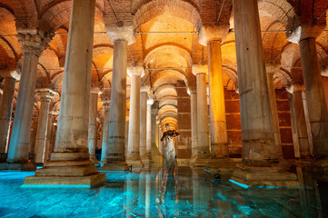 Interior view of the Basilica Cistern in Istanbul, Turkey - obrazy, fototapety, plakaty