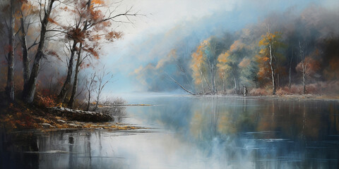 Fototapeta na wymiar Morning Mist on Lake depicting a tranquil lake shrouded in mist Generative Ai Digital Illustration