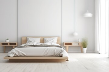 Fototapeta na wymiar Interior of stylish room with big bed and mirror | Light, cute and cozy home bedroom interior with unmade bed | Loft and modern bedroom / 3D render image , Generative AI